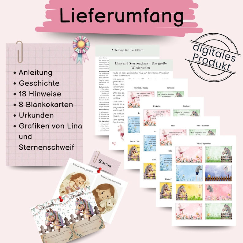 May include: A digital product for a children's activity or game. The product includes an instruction booklet, a story, 18 hints, 8 blank cards, certificates, and graphics. The title of the product is "Lina and Sternenglanz Das gro&szlig;e Wiedersehen".