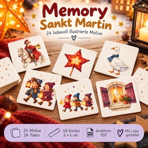 Puede incluir: Un juego de memoria titulado Memory Sankt Martin que consta de 48 tarjetas cuadradas con 24 motivos ilustrados. Cada tarjeta mide 6 por 6 cm y muestra escenas como una persona a caballo, una linterna de estrella, un ganso y niños con linternas.