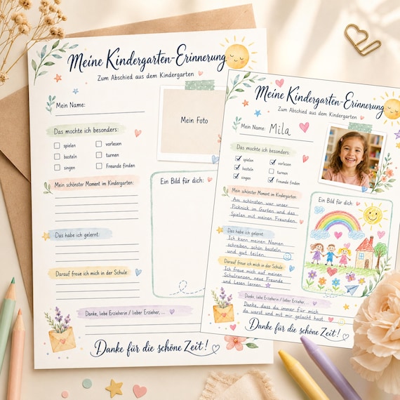 Abschiedsgeschenk Kindergarten PDF, A4 Dankeskarte Erinnerung zum Ausfüllen, Kita Abschied Erzieherin Geschenk Druckvorlage