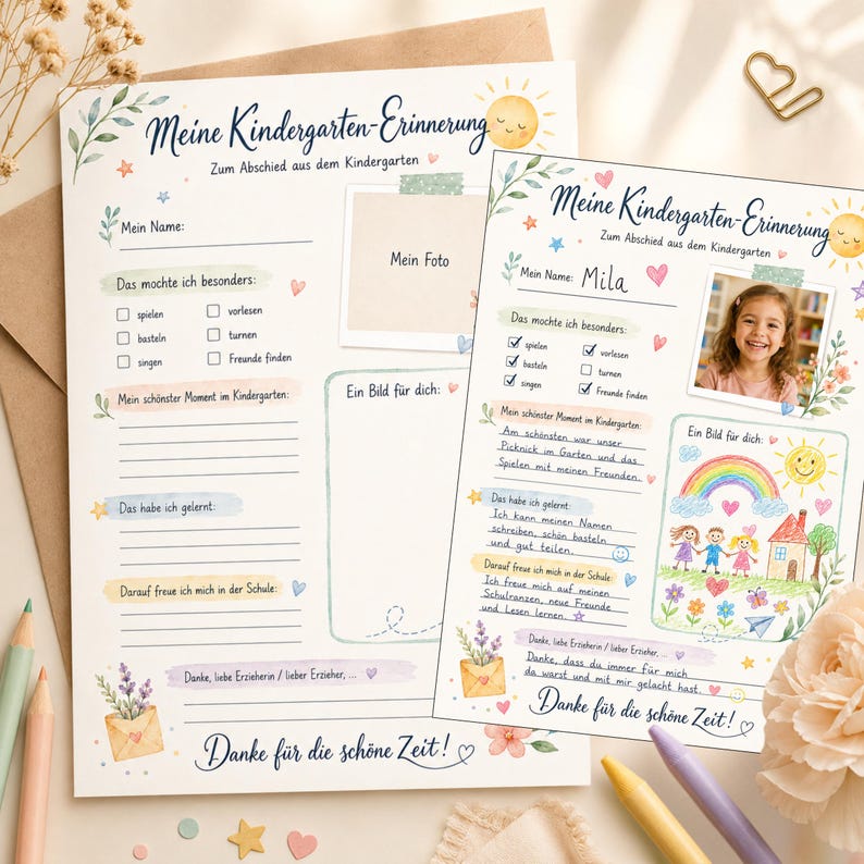 May include: Two white paper sheets titled Meine Kindergarten-Erinnerung with pastel illustrations of a sun, flowers, and an envelope. The sheets feature fill-in-the-blank sections for a name, photo, favorite activities, memories, and a thank you note.