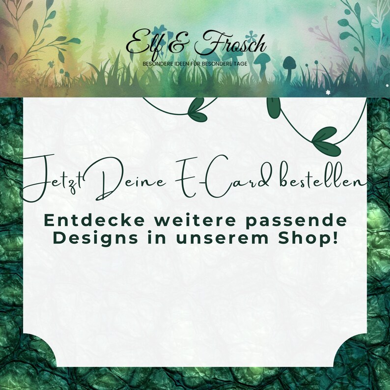 May include: A digital advertisement with a nature-themed background. The top features a watercolor illustration of a forest. The text reads "Elf & Frosch" and "Jetzt Deine E-Card bestellen". The ad encourages viewers to explore more designs.