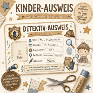 Peut inclure: Un modèle de carte d'identité de détective à imprimer avec le texte KINDER-AUSWEIS et DETEKTIV-AUSWEIS. La carte comprend des champs pour le nom, la date de naissance, le numéro, le bureau et la signature, illustrés d'une loupe et d'un chapeau.