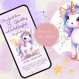Invitación de WhatsApp, tarjeta electrónica, invitación digital, cumpleaños infantil unicornio, arcoíris, invitación personalizada niños, niña, niño, móvil