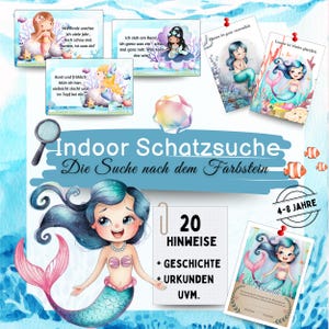 以下が含まれることがあります： 人魚をテーマにしたアイテムのコレクション。イラストとテキストが書かれたカード、宝石、人魚のイラストが含まれています。「Indoor Schatzsuche」と「4-8 Jahre」の文字があります。青、ピンク、緑の色使いです。