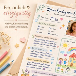 May include: A personalized kindergarten memory sheet featuring the text Meine Kindergarten-Erinnerungen, a photo of a child, and hand-drawn illustrations including a rainbow, house, and flowers. The document includes sections for favorite activities, memories, and school goals.