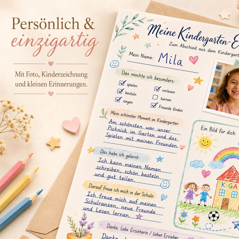 May include: A personalized kindergarten memory sheet featuring the text Meine Kindergarten-Erinnerungen, a photo of a child, and hand-drawn illustrations including a rainbow, house, and flowers. The document includes sections for favorite activities, memories, and school goals.
