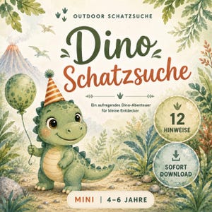 Könnte beinhalten: Aquarell-Illustration eines freundlichen grünen Dinosauriers mit Partyhut und Ballon. Der Text enthält "Dino Schatzsuche" und "Outdoor Schatzsuche". Das Produkt ist für Kinder im Alter von 4-6 Jahren und enthält 12 Hinweise. Spielerisches Thema.