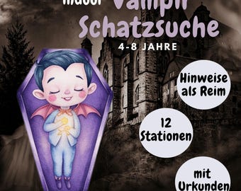 Vampire treasure hunt, printable scavenger hunt, children's birthday party, indoor, 4-8 years, games for birthday, Halloween, certificate, game, PDF