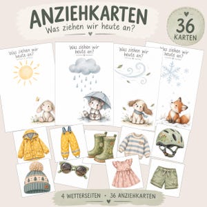 Könnte beinhalten: Ein Set aus 36 Lernkarten mit dem Titel Anziehkarten Was ziehen wir heute an? mit Aquarellillustrationen von Wetterbedingungen wie Sonne, Regen, Wind und Schnee sowie verschiedenen Kleidungsstücken wie Jacken, Stiefeln und Mützen.