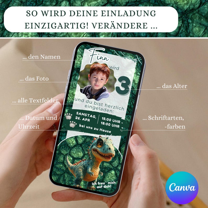 May include: A smartphone displaying a custom invitation design. The invitation features a photo of a child, the number 3, and a dinosaur graphic. Text includes event details and the phrase "Ich freu mich auf dich!"