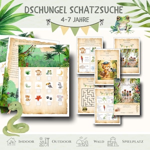 Könnte beinhalten: Eine Sammlung von druckbaren Aktivitätsblättern zum Dschungel-Thema für Kinder im Alter von 4-7 Jahren. Die Blätter enthalten Rätsel, Labyrinthe und ein Schatzsuchspiel. Das Design zeigt Illustrationen von Tieren, Pflanzen und den Text "DSCHUNGEL SCHATZSUCHE".