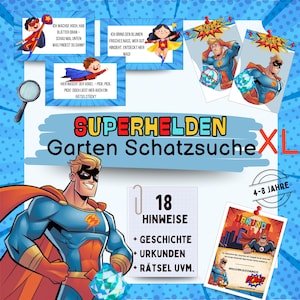 Könnte beinhalten: Ein farbenfrohes Poster-Set für eine Superhelden-Garten-Schatzsuche mit Illustrationen von Superhelden, Hinweisen und einer Urkunde. Der Text enthält "SUPERHELDEN Garten Schatzsuche XL" und "4-8 Jahre."