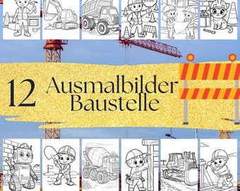Puede incluir: Un conjunto de 12 páginas para colorear en blanco y negro con trabajadores de la construcción, vehículos y herramientas. El título del conjunto es "12 Ausmalbilder Baustelle".