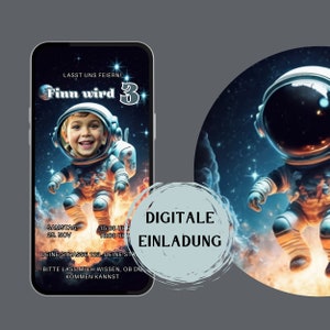 Invitation Whatsapp, ecard, invitation numérique anniversaire enfant, astronaute, invitation personnalisée, premier anniversaire, espace, espace extra-atmosphérique