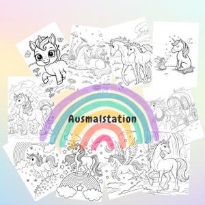 May include: A set of eight black and white coloring pages featuring unicorns in various poses and settings. The pages are arranged in a circle around a rainbow with the word "Ausmalstation" written in the center.