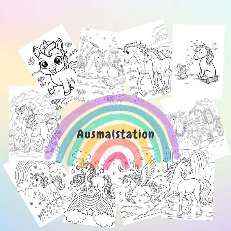 May include: A set of eight black and white coloring pages featuring unicorns in various poses and settings. The pages are arranged in a circle around a rainbow with the word "Ausmalstation" written in the center.