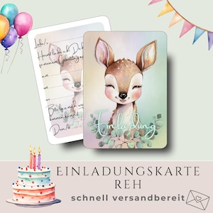 Einladung Kindergeburtstag Reh – Waldtiere Geburtstag, Boho Einladungskarten, Eukalyptus, Tiere, Erster Geburtstag, Set 5/10, A6, Personalis