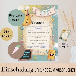Einschulung Urkunde und Briefpapier – Geschenk zum 1. Schultag, Schule Erinnerung, digital, Sofortdownload, A4 A5, DIY Druck, erster Schulta