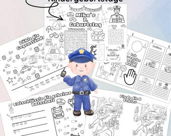 Puede incluir: Un conjunto de hojas de actividades imprimibles para la fiesta de cumpleaños de un niño. Las hojas presentan un tema de policía con actividades como una búsqueda de palabras, un laberinto, un juego de objetos ocultos y un juego de unir los puntos. Las hojas son en blanco y negro y están listas para ser coloreadas.