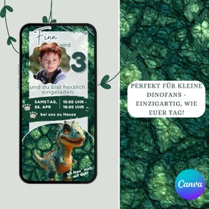 May include: A digital invitation for a child's third birthday party. The design features a photo of the child, a cartoon dinosaur, and the text "Finn wird 3". The invitation includes the date, time, and location.