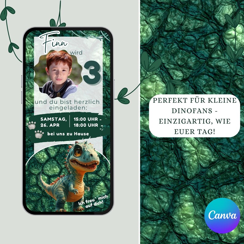 May include: A digital invitation for a child's third birthday party. The design features a photo of the child, a cartoon dinosaur, and the text "Finn wird 3". The invitation includes the date, time, and location.