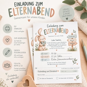 May include: A printable invitation for a parent evening featuring a cartoon rabbit holding a heart, with text in German including 'Einladung zum Elternabend', 'Wann?', 'Uhrzeit?', and 'Wo?', alongside a tear-off response slip at the bottom.