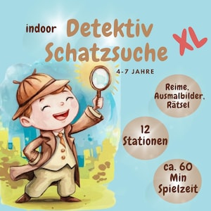 XL Detective Treasure Hunt, Adventure Scavenger Hunt, Children&#39;s Birthday Party, Certificate, Indoor, 4-7 Years, Idea Games Birthday, Digital