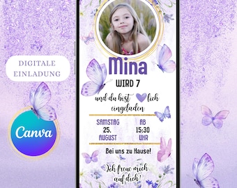 May include: A digital invitation design featuring a photo of a young girl, Mina, surrounded by purple butterflies and floral accents. The text announces a birthday celebration, with the date and time displayed. The design includes the Canva logo.