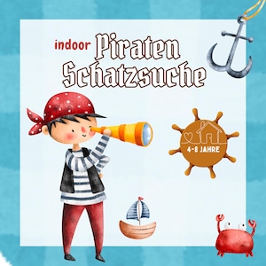 Piraten Schatzsuche für Kinder, Digitale Schnitzeljagd zum Ausdrucken, Kindergeburtstag 4-8 Jahre, indoor Spiel, drinnen Beschäftigung