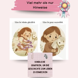 May include: Two illustrations of a girl with a toy horse. In the first illustration, the girl is smiling and holding a purple ribbon that says "Gl&uuml;cksband". In the second illustration, the girl is frowning and holding the toy horse close to her. The text "Lina ist wieder gl&uuml;cklich" is above the first illustration and the text "Lina ist ganz verzweifelt" is above the second illustration. The text "KINDLICHE GRAFIKEN, UM DIE GESCHICHTE ZUM LEBEN ZU ERWECKEN" is below the illustrations.