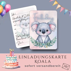 Koala Einladung Kindergeburtstag – Einladungskarten Koala Tiermotto – Dschungel Thema, Set 5/10 Karten, Party Tiere, Eukalyptus