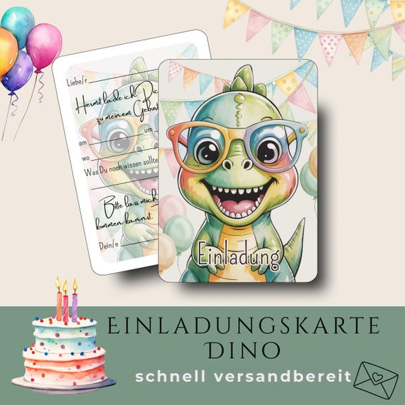 Einladung Kindergeburtstag Dino – Lustige Geburtstagseinladung T Rex Dinosaurier, A6 Karten Set 5/10, Dino Party Kinder, Jungen Geburtstag