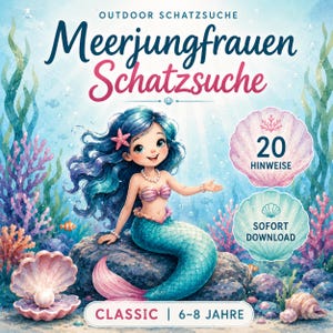 May include: An illustrated image of a mermaid with blue hair and a turquoise tail, set in an underwater scene. The image includes text that reads "Outdoor Schatzsuche Meerjungfrauen Schatzsuche" and "Classic | 6-8 Jahre".