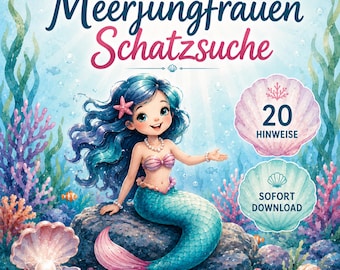 マーメイド宝探しクラシック – 子供の誕生日パーティー向け屋外宝探し、6歳以上対象ガーデン宝探し、20のヒント（PDF）