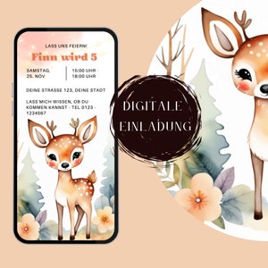 Invitation Whatsapp, ecard, invitation numérique, anniversaire enfant cerf, animaux de la forêt, invitation personnalisée enfants, garçon, fille, portable, bohème