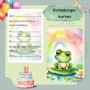 Einladung Kindergeburtstag Frosch – Geburtstagseinladung, Regenbogen, Tiere, Personalisierbar, A6 Karten Set 5/10, Dschungelparty, Frösche