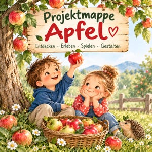 May include: A wooden sign hanging from an apple tree reads Projektmappe Apfel Entdecken Erleben Spielen Gestalten. Below, two children sit in a grassy field with a woven basket filled with red and green apples and a small hedgehog nearby.