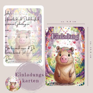 Einladung Kindergeburtstag, Geburtstagseinladung, Personalisierbar, Capybara, Waldtiere, Boho, Aquarell, Natur, Kawaii, A6, Set, Mädchen, Ju