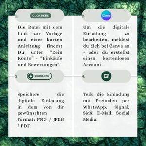 May include: A digital invitation guide with numbered steps. Includes instructions to click a link, use Canva, download the file, and share via social media. The background has a green and brown pattern.