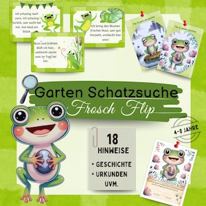 Peut inclure: Un jeu pour enfants sur le thème de la grenouille, avec une grenouille de dessin animé, des cartes de jeu et du texte en allemand. Le jeu comprend des indices, une histoire et des certificats, pour les 4-8 ans. Le titre est 'Garten Schatzsuche Frosch Flip'.