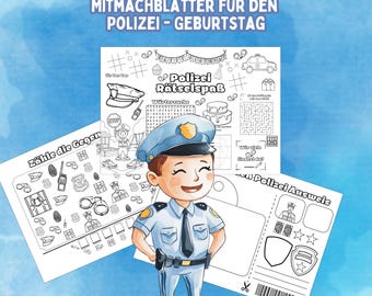 Kit de puzzles sur le thème de la police pour une fête d'anniversaire d'enfant : 3 pages à colorier, puzzles, jeux, set de table, cadeau d'invité, carte d'identité de police, activité pour garçons