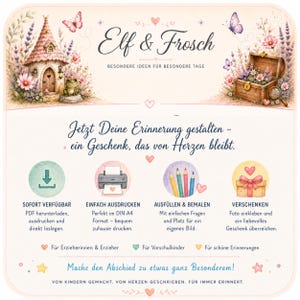 May include: A rectangular informational card titled Elf & Frosch with illustrations of a fairy house, a frog, a treasure chest, and butterflies. It features text in German, four circular icons with instructions, and small heart and star accents.