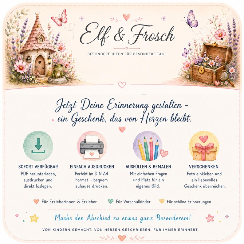 May include: A rectangular informational card titled Elf & Frosch with illustrations of a fairy house, a frog, a treasure chest, and butterflies. It features text in German, four circular icons with instructions, and small heart and star accents.