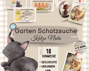 Katzen Schatzsuche Garten – Outdoor Schnitzeljagd zum Ausdrucken, Kindergeburtstag Spiel 4 5 6 7 8 Jahre, draußen, Kätzchen, Urkunde, Katze