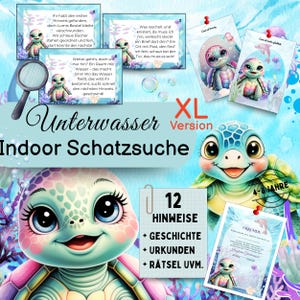 Könnte beinhalten: Eine farbenfrohe Illustration für eine Indoor-Schatzsuche mit einer Zeichentrickschildkröte und Unterwassermotiv. Das Bild enthält Karten mit Hinweisen, den Text "Unterwasser Indoor Schatzsuche" und die Altersangabe "4-8 Jahre".
