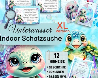 Puede incluir: Ilustración colorida para una búsqueda del tesoro en interiores, con una tortuga de dibujos animados y un tema submarino. La imagen incluye tarjetas con pistas, el texto "Indoor Schatzsuche" y el rango de edad "4-8 años".