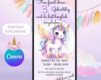 WhatsApp invitation, e-card, digital invitation, children's birthday party unicorn, rainbow, personalized invitation for children, girls, boys, mobile phone