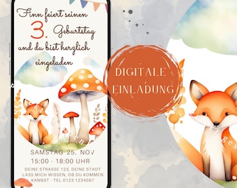 Invitación de WhatsApp, tarjeta electrónica, invitación digital, cumpleaños infantil zorro, animales del bosque, invitación personalizada, niño, niña, móvil