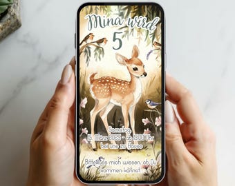 Whatsapp invitation deer, ecard, digital invitation forest, children's birthday deer forest animals, personalized invitation children, mobile, boho, first