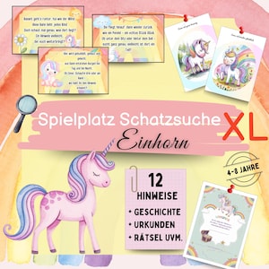 Aire de jeux pour la chasse aux trésors des licornes, chasse aux trésors XL avec puzzles, coloriages, certificat, jeu d'extérieur 4-8 ans, aventure en plein air, filles